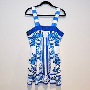 UNBRANDED Blue White Floral Print Mini Dress Square Neck Sleeveless Size L